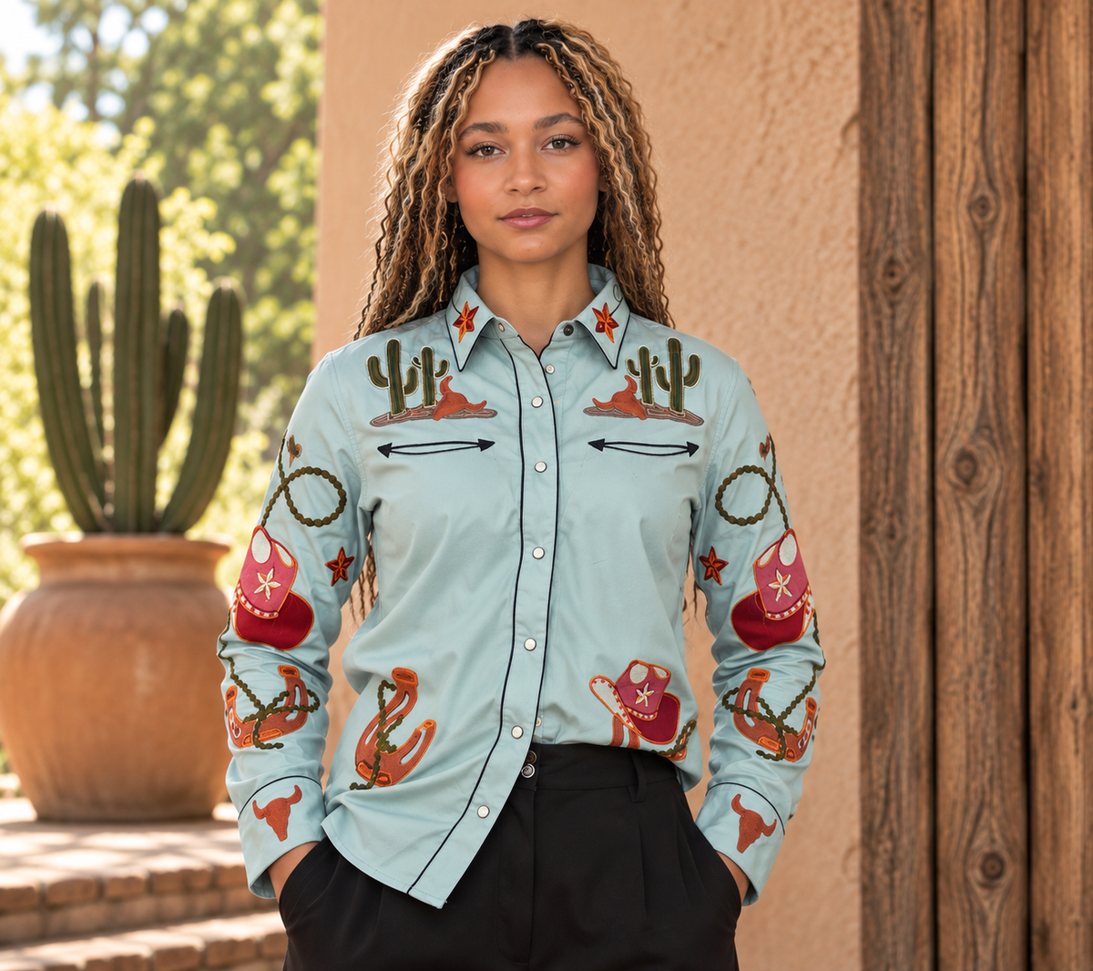 Cotton Western Embroidered Shirt - Sage Green