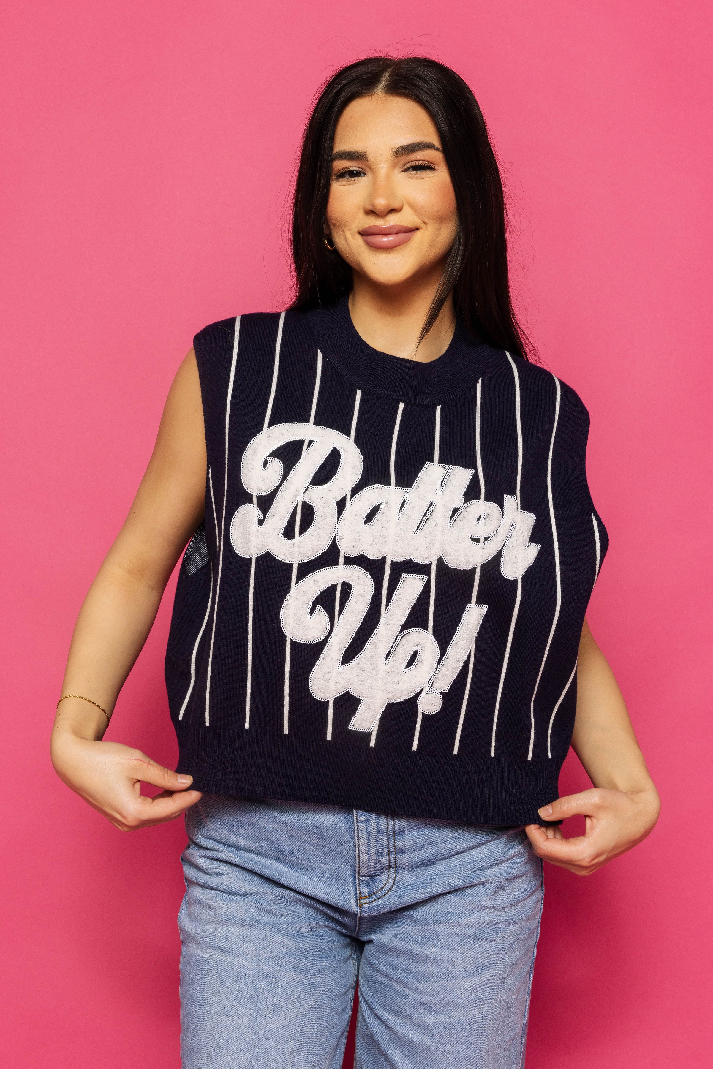 Queen of Sparkles Navy & White Stripe 'Batter Up" Sweater Vest