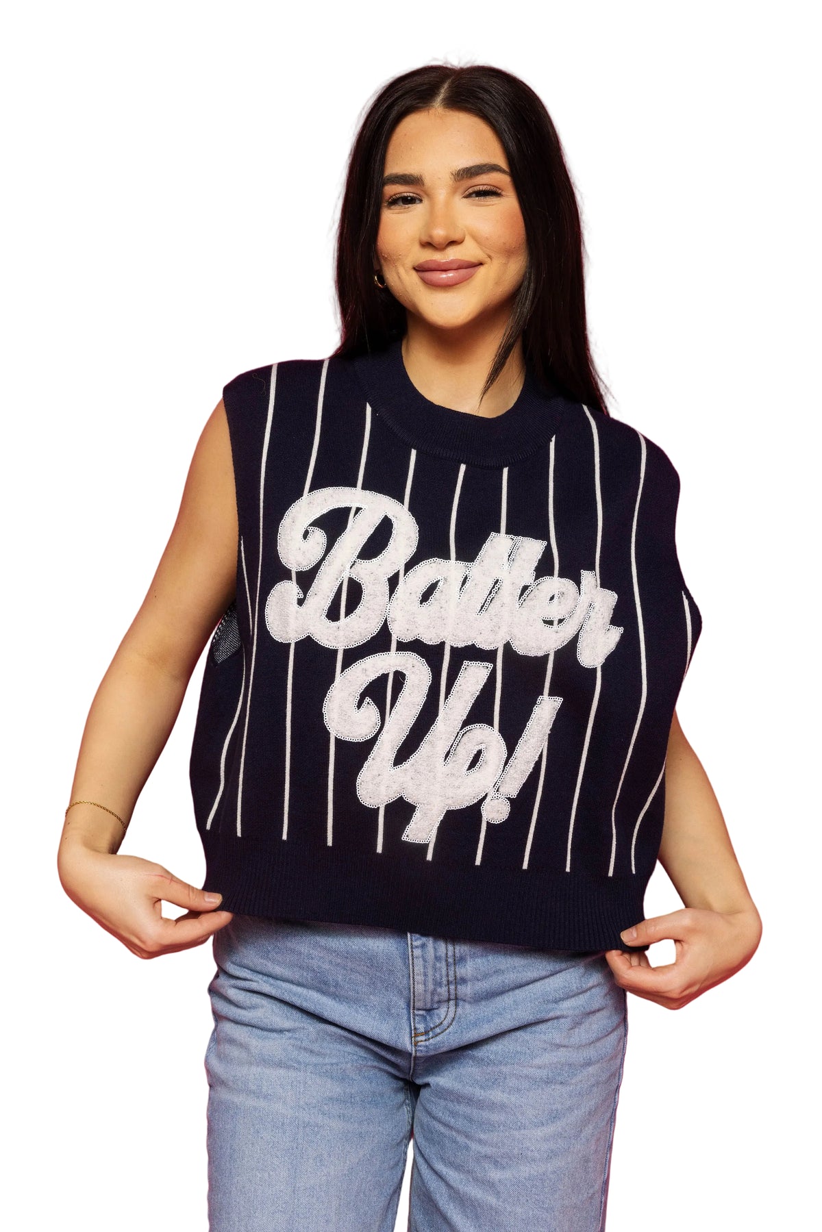 Queen of Sparkles Navy & White Stripe 'Batter Up" Sweater Vest