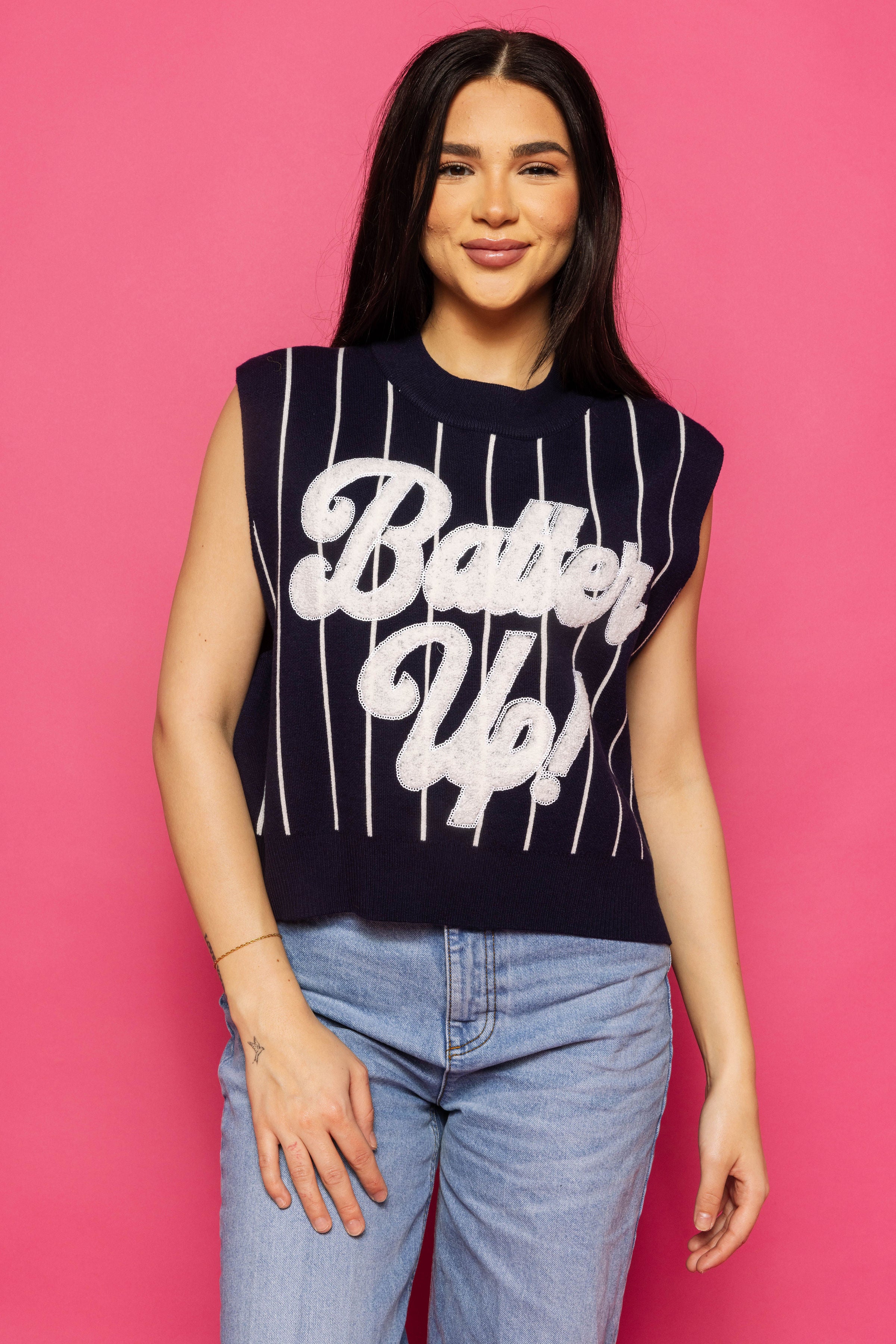 Queen of Sparkles Navy & White Stripe 'Batter Up" Sweater Vest