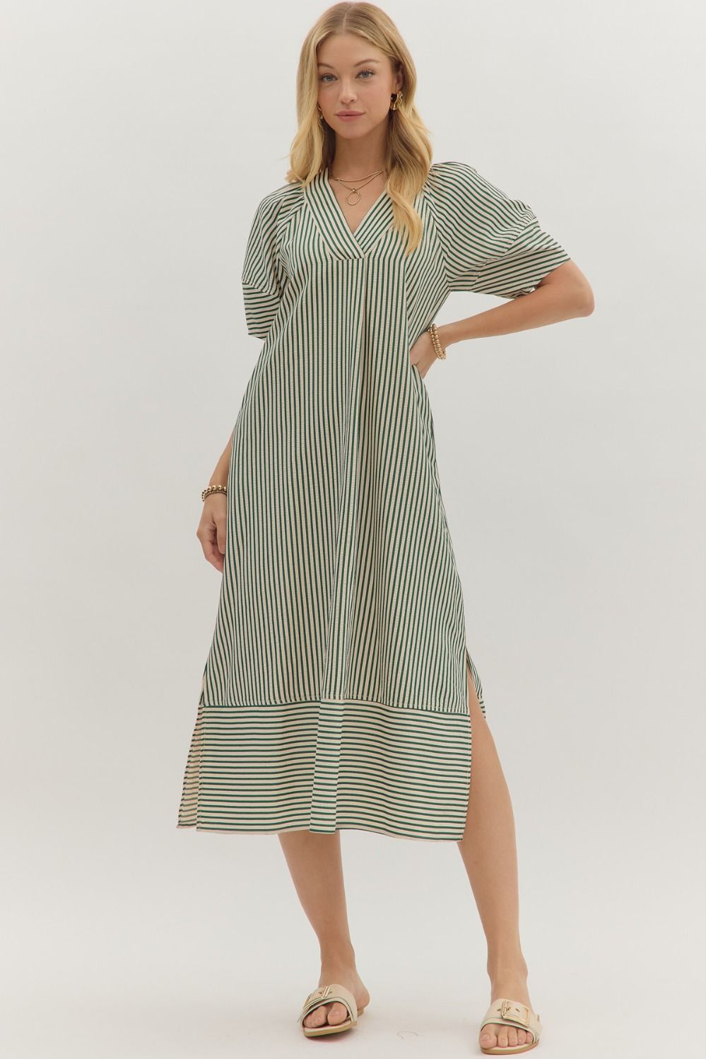 Green and White Seersucker MIdi Dress