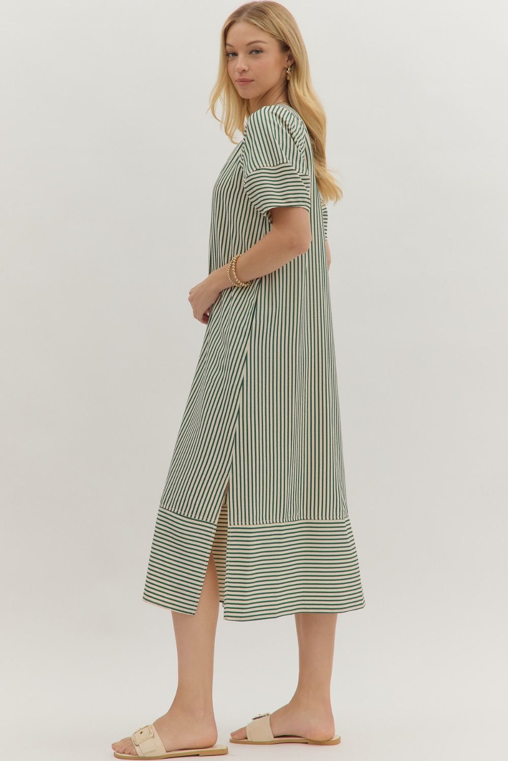 Green and White Seersucker MIdi Dress