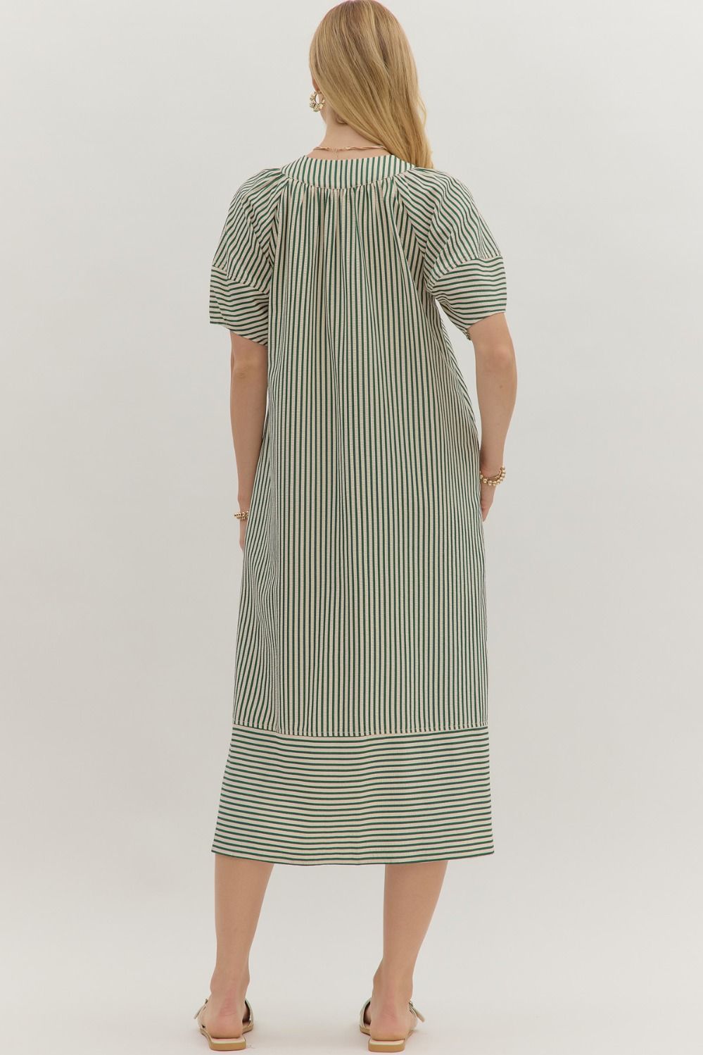 Green and White Seersucker MIdi Dress