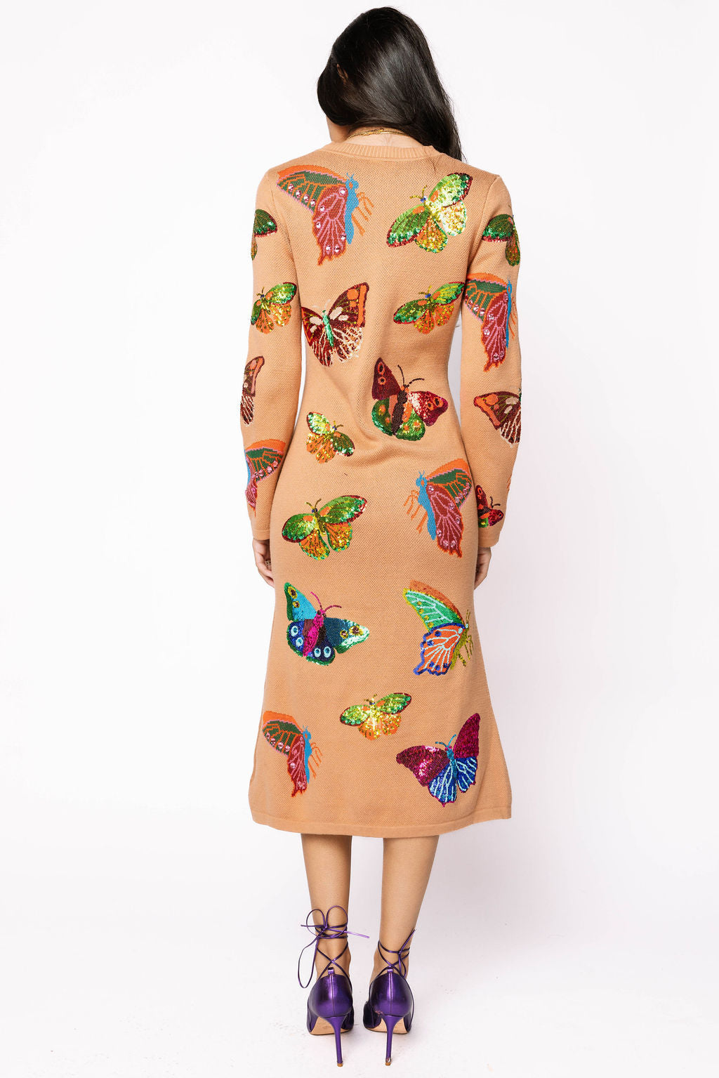 Queen of Sparkles Tan Multi Butterfly Knit Midi Dress