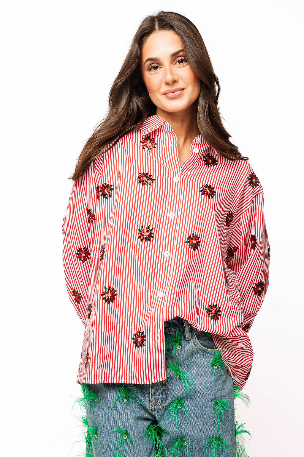 Queen of Sparkles White Striped Scattered Jeweled Poinsettia Button Up
