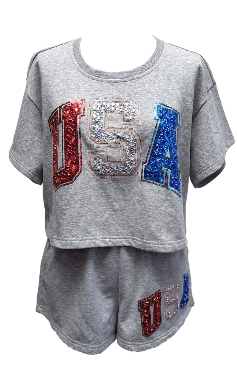 Queen of Sparkles Grey Beaded 'USA' Top
