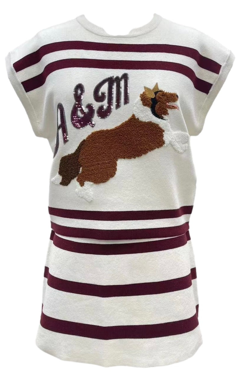 Queen of Sparkles Licensed Maroon & White Striped A&M Collie Dog Short Sleeve Top