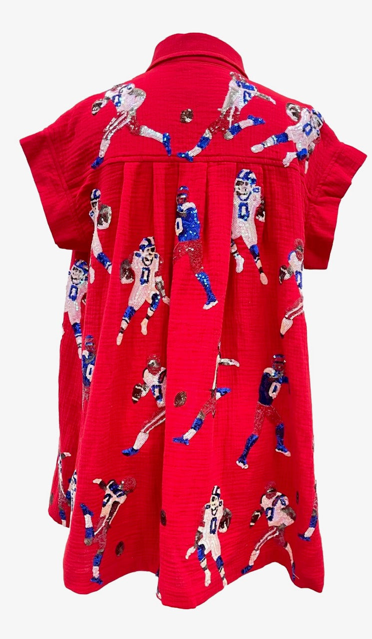 Queen of Sparkles Powder Blue & Red Football Player Gauze Dress