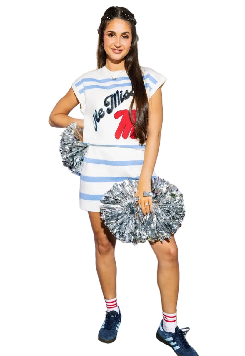 Queen of Sparkles Licensed White, Powder Blue & Red Ole Miss Striped Short Sleeve Top