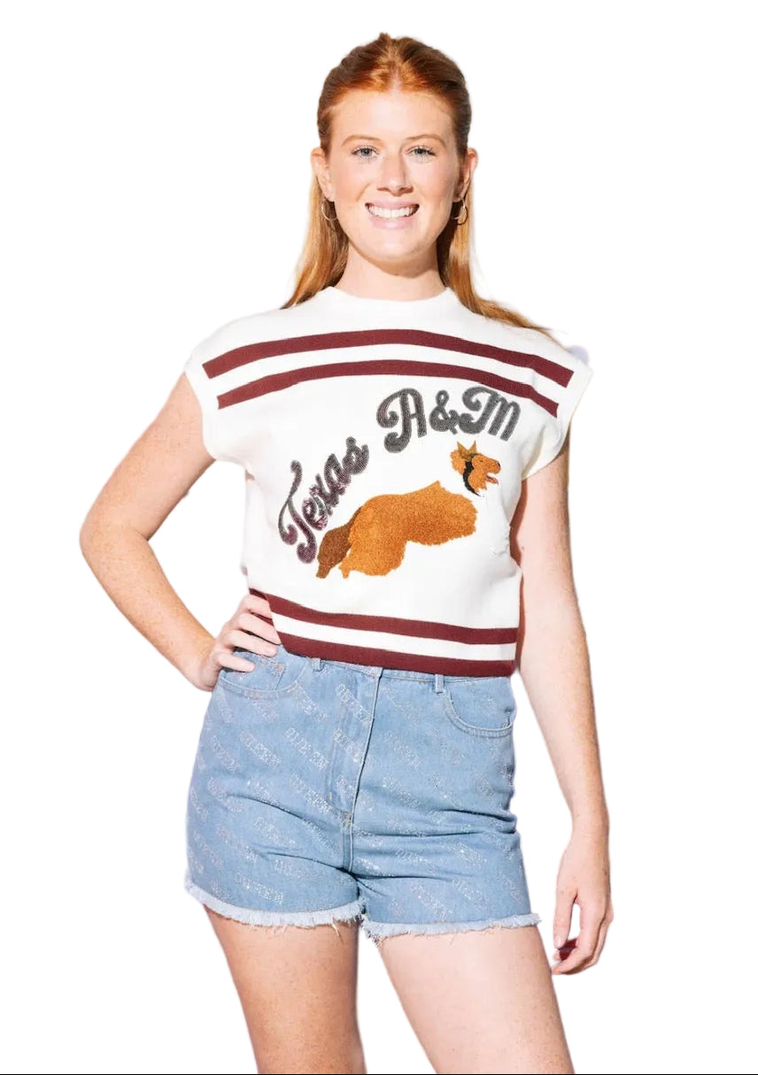 Queen of Sparkles Licensed Maroon & White Striped A&M Collie Dog Short Sleeve Top