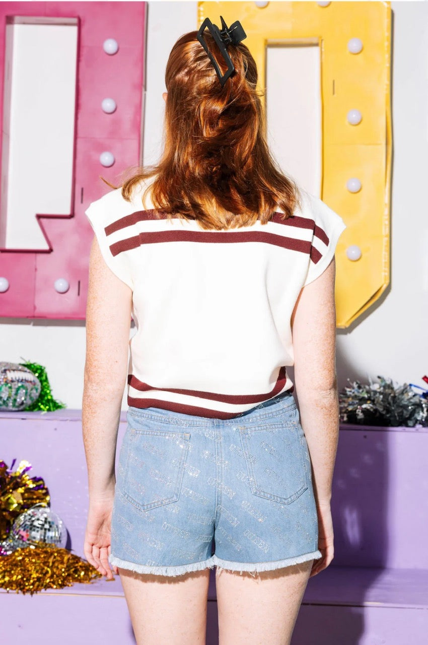 Queen of Sparkles Licensed Maroon & White Striped A&M Collie Dog Short Sleeve Top