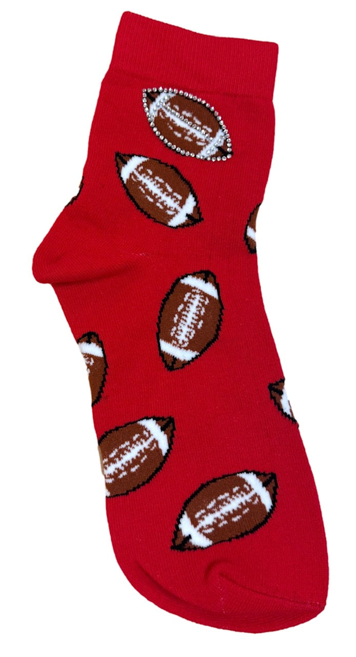 Queen of Sparkles Red Football Rhinestone Socks by Leopard Grove