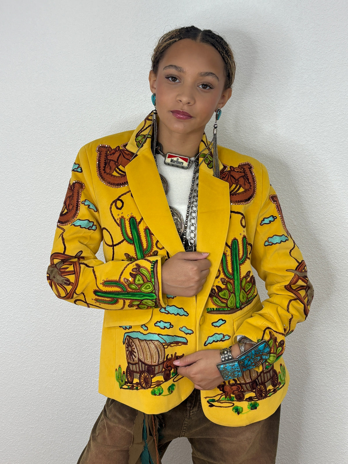 Western Embroidered Blazer with Rhinestones - Yellow