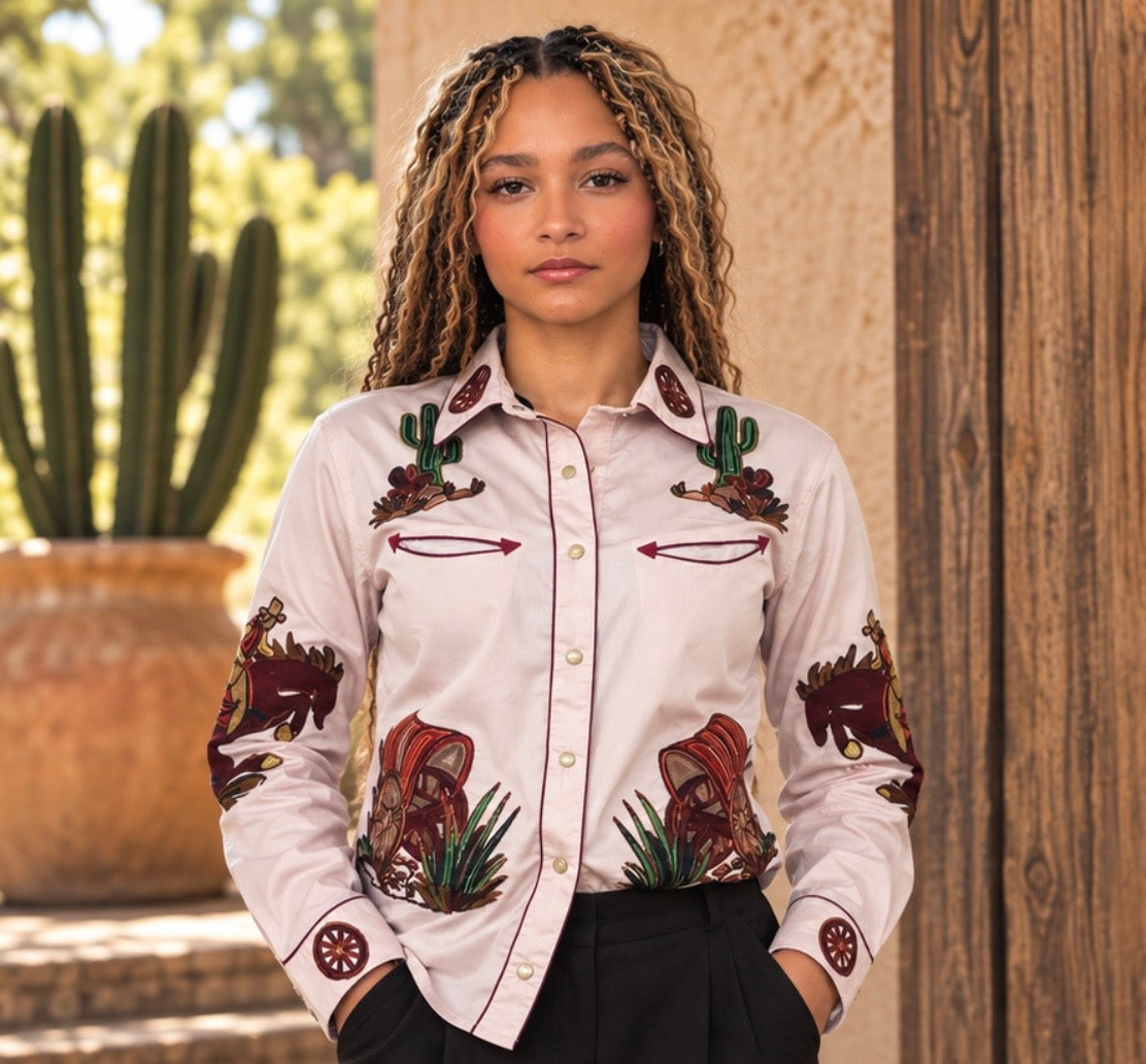 Cotton Western Embroidered Shirt - Dusty Pink