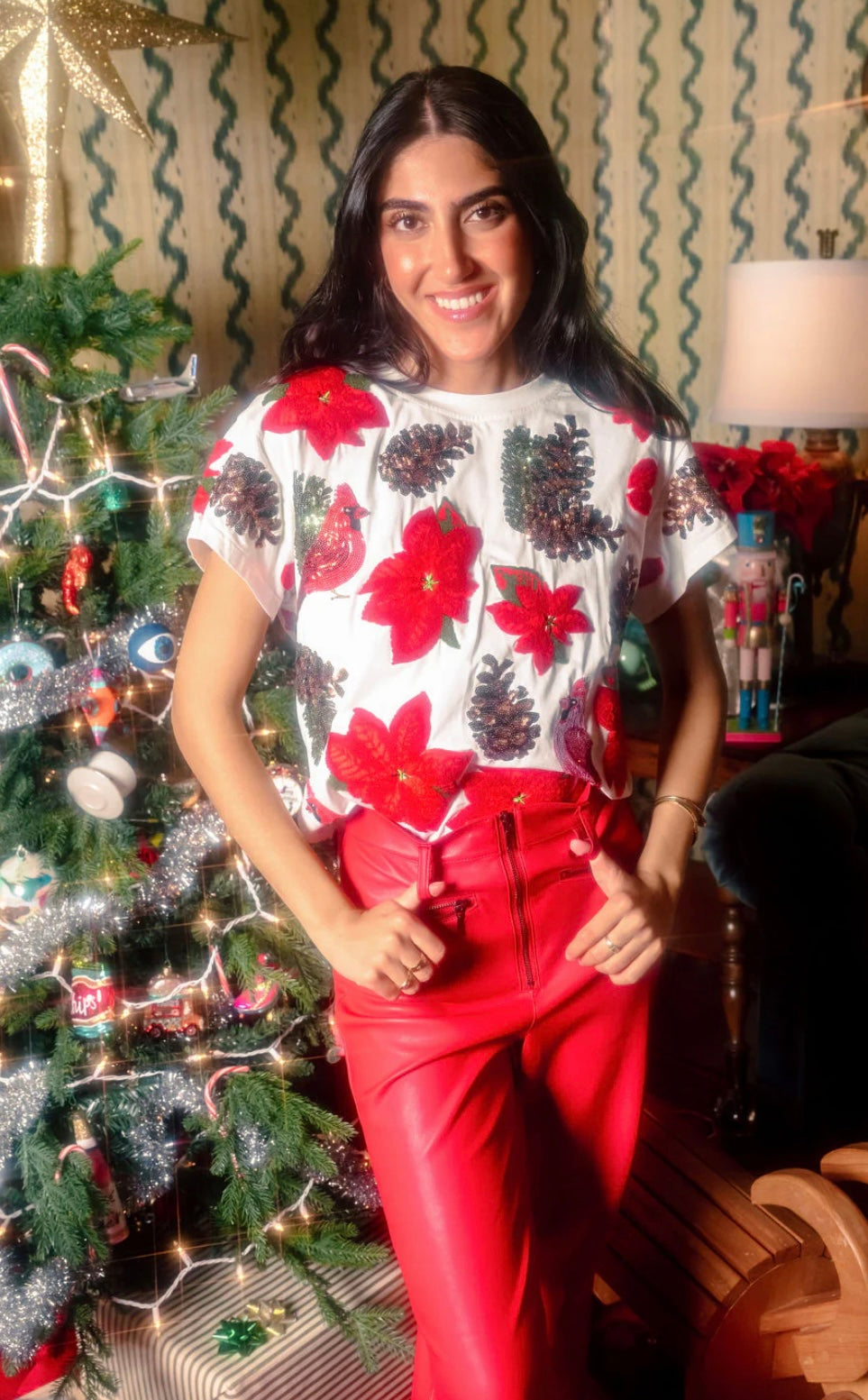 Queen of Sparkles White Poinsettia & Pine Cone Tee