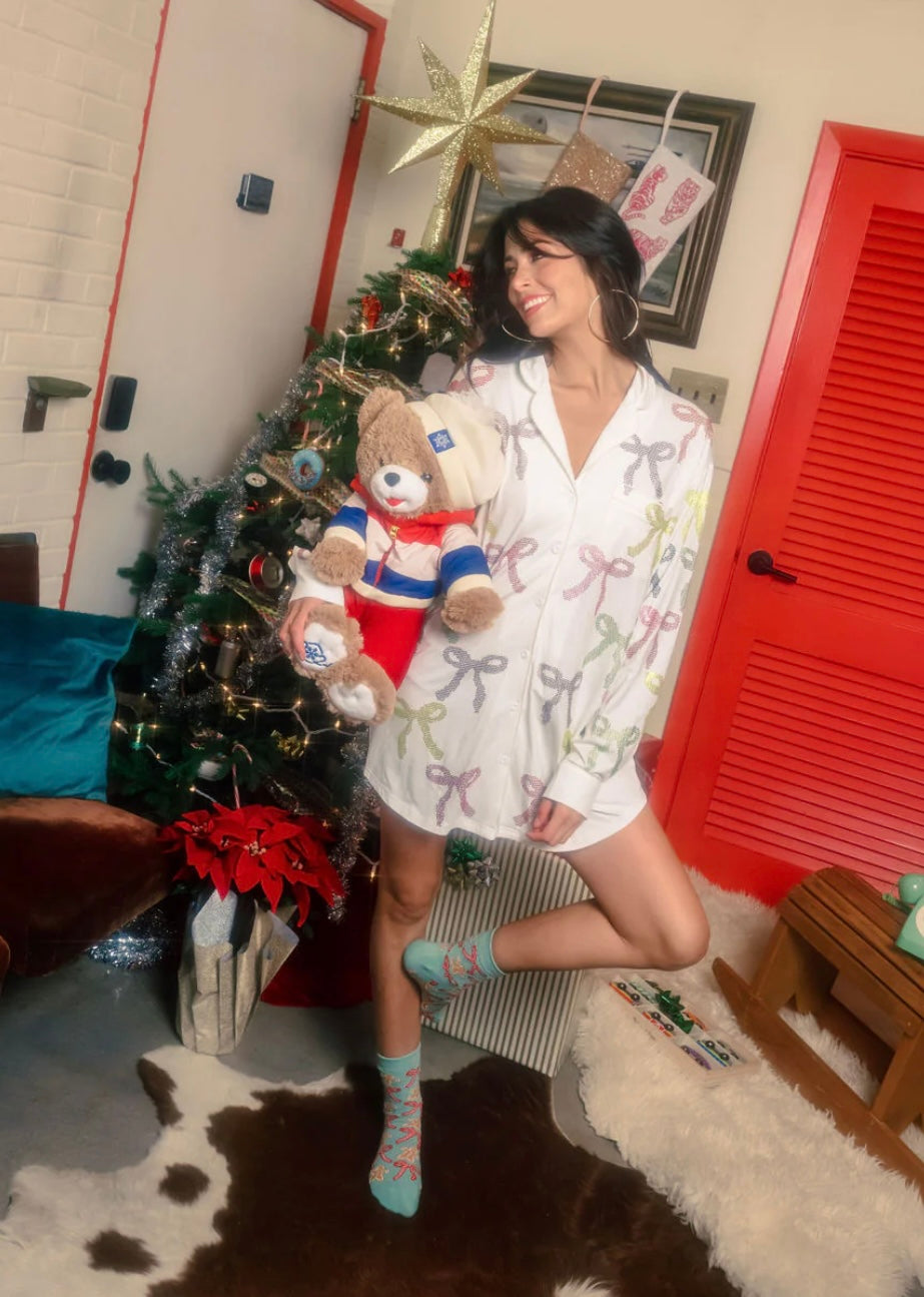 Queen of Sparkles White Multi Rhinestone Rainbow Bow Pajama Top Dress