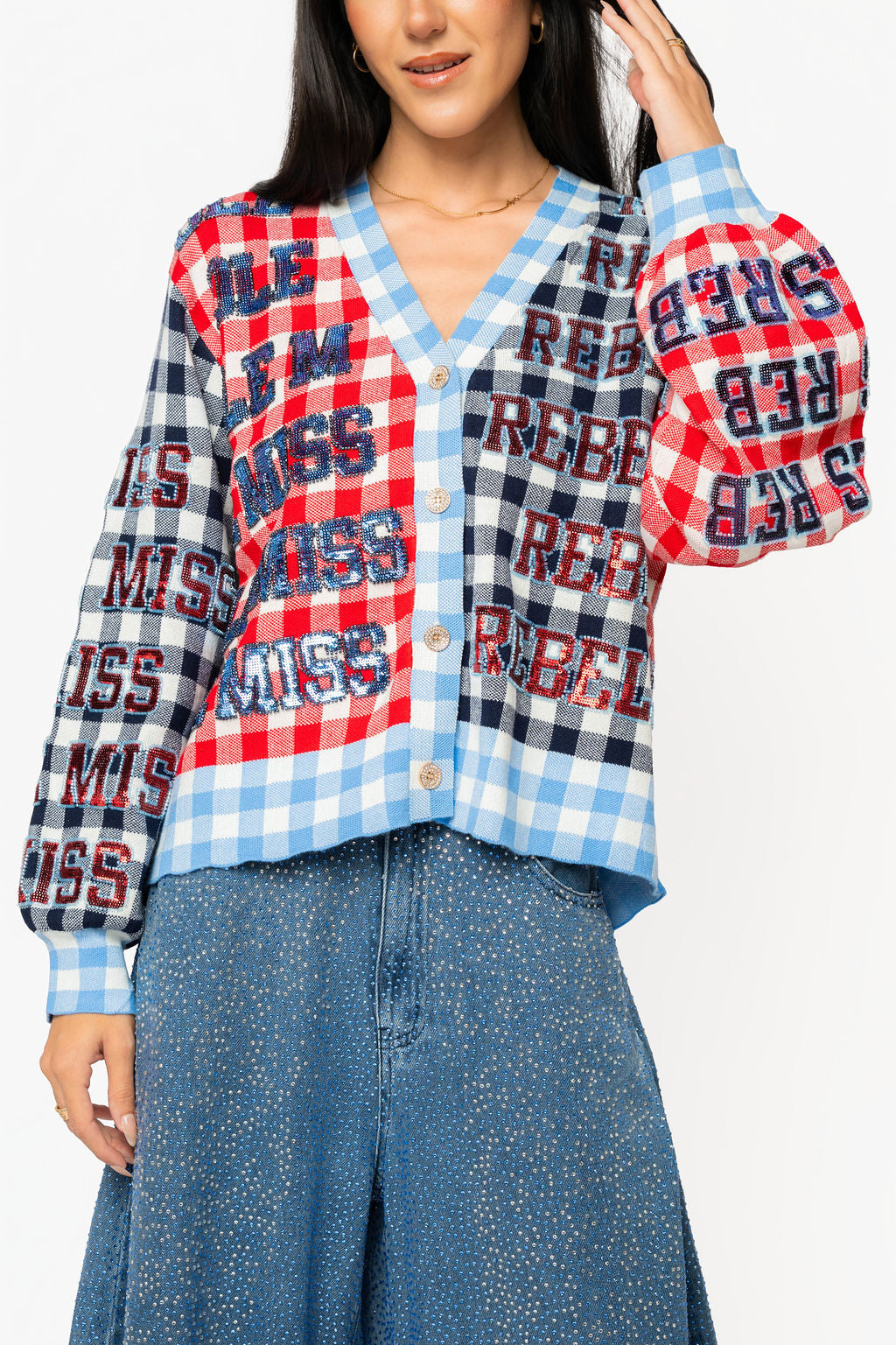 Queen of Sparkles Licensed Ole Miss Gingham Seqjn Beaded Words Cardigan