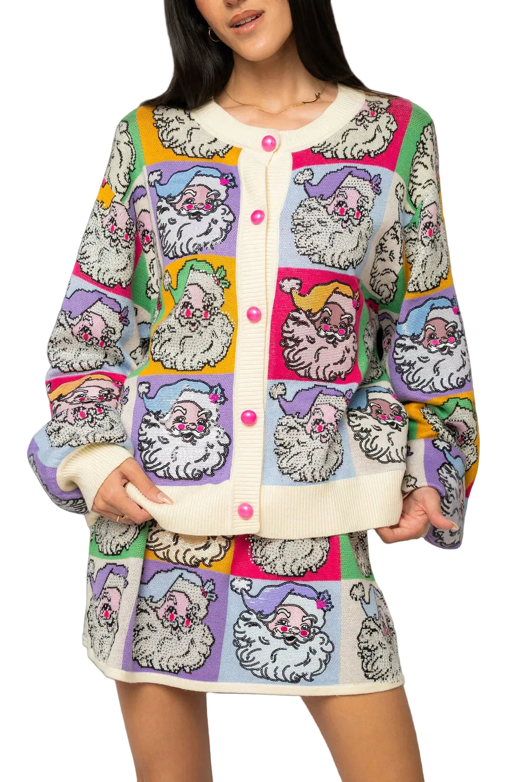 Queen of Sparkles Pastel Colorblock Santa Button Up Cardigan — product photo.