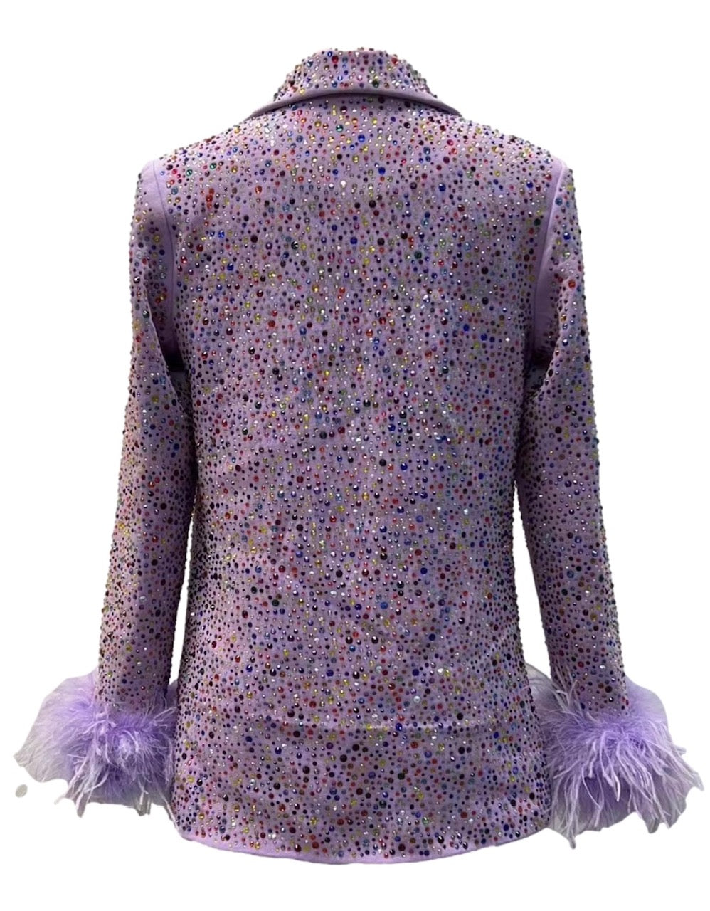 Back view of the lavender Queen of Sparkles blazer, covered in multicolor rhinestones and finished with feather cuffs.