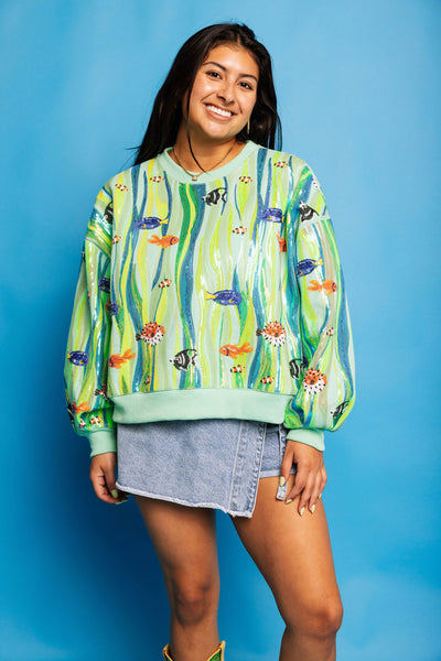 Queen of Sparkles Green Multi Sequin Fish in Underwater