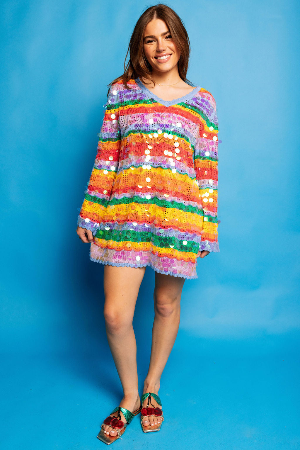 Queen of Sparkles Rainbow Sripe Pailette Long Sleeve Knit Dress