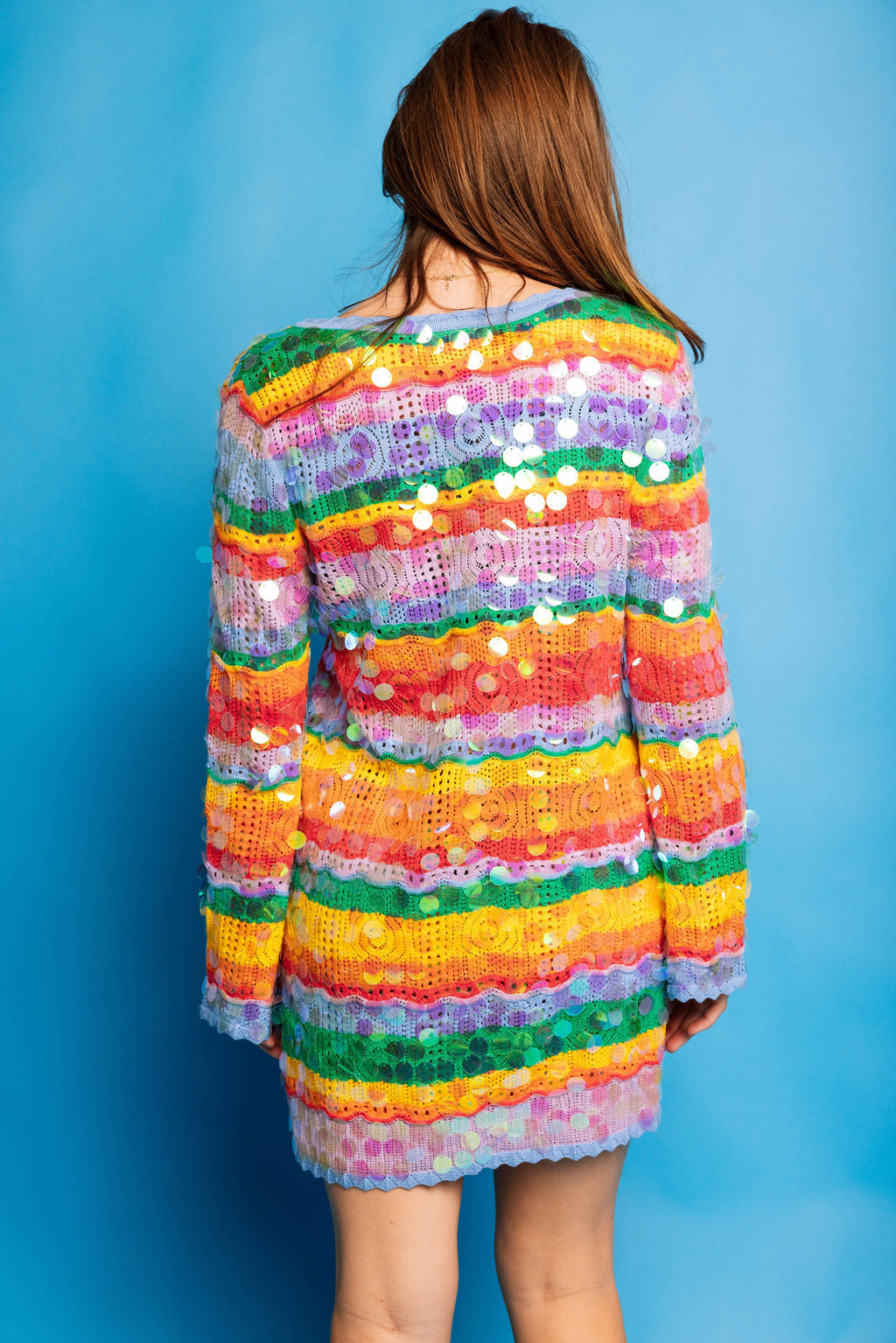 Queen of Sparkles Rainbow Sripe Pailette Long Sleeve Knit Dress