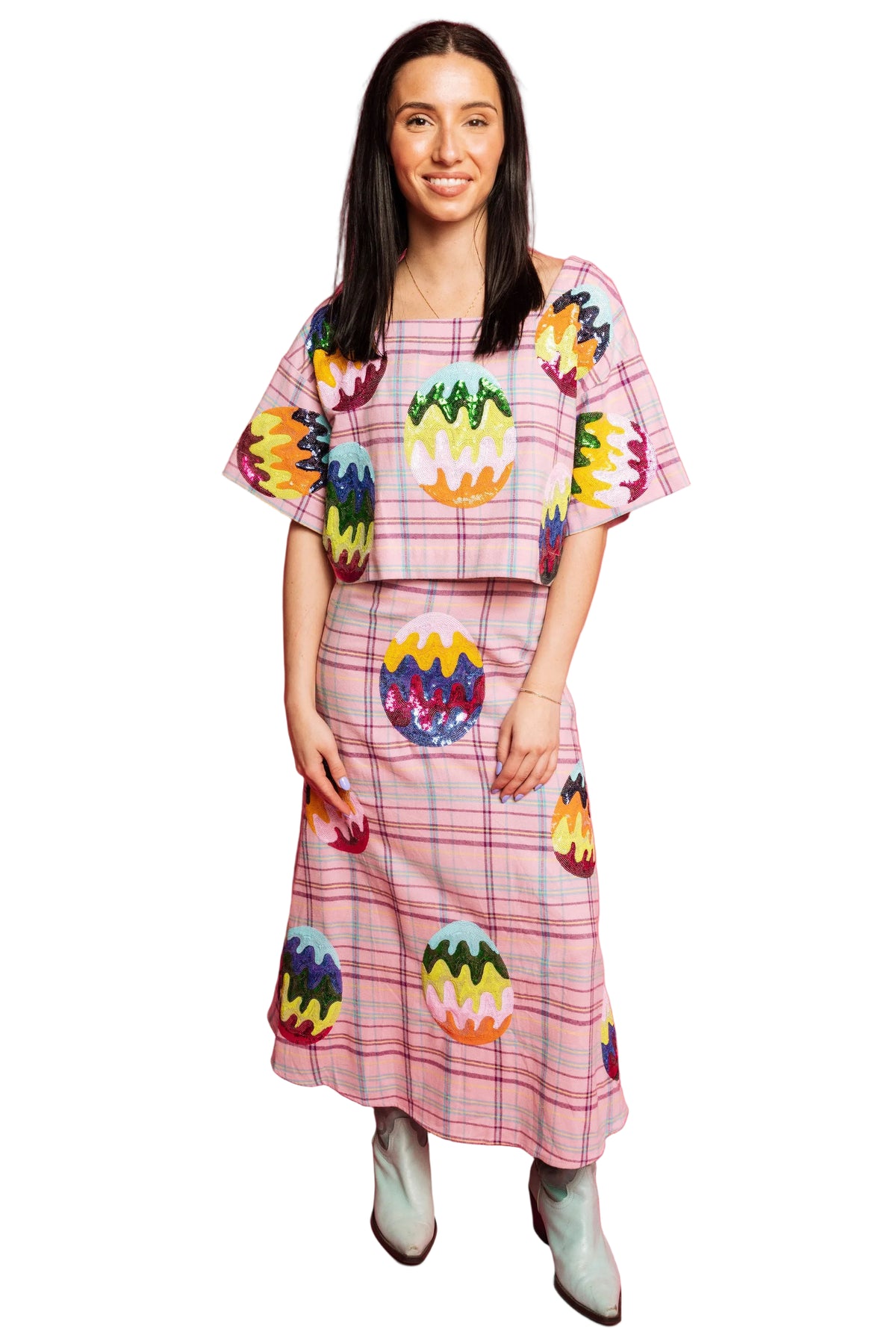 Queen of Sparkles Lavender Plaid Groovy Easter Egg Cotton Maxi Skirt