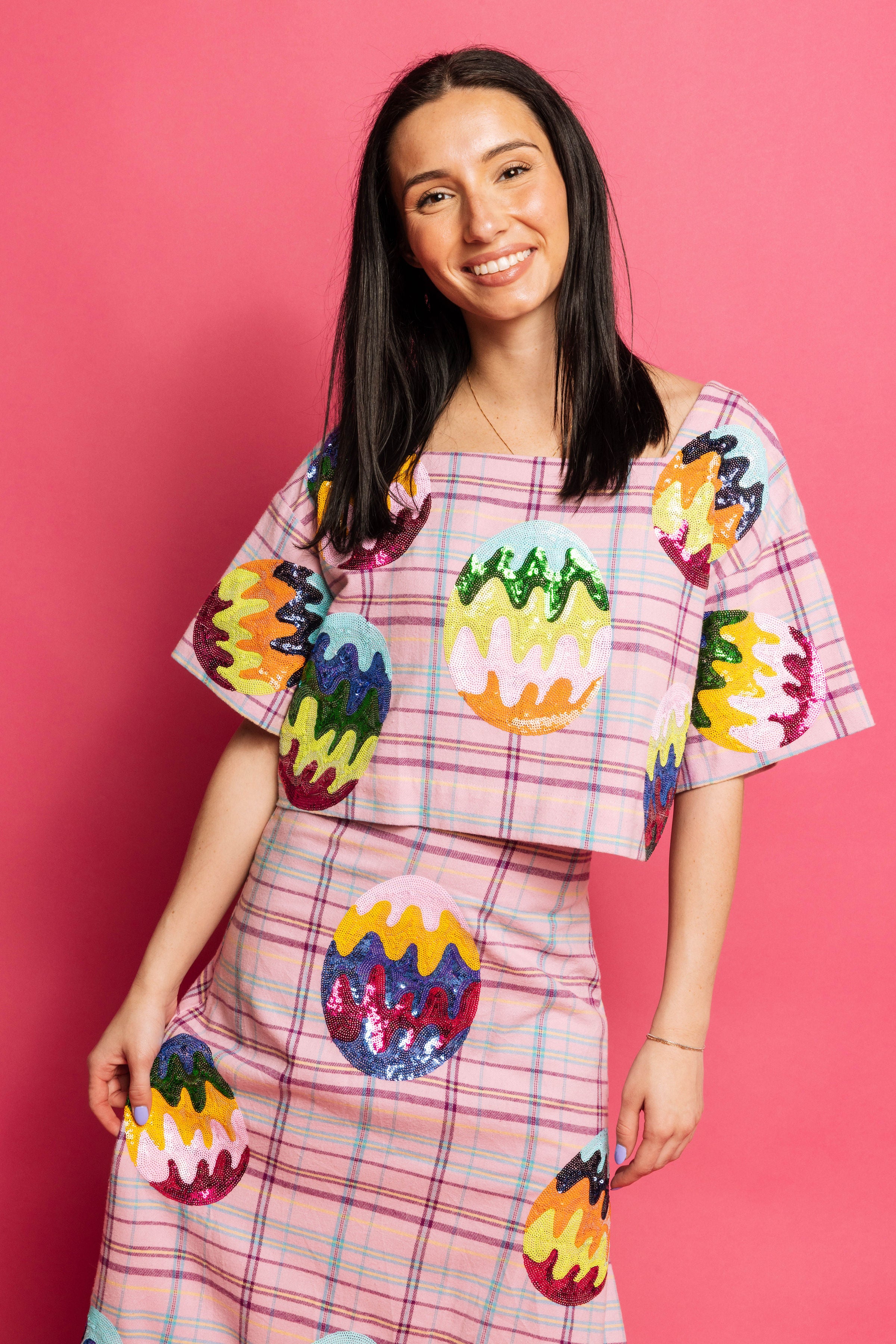 Queen of Sparkles Lavender Plaid Groovy Easter Egg Cotton Top