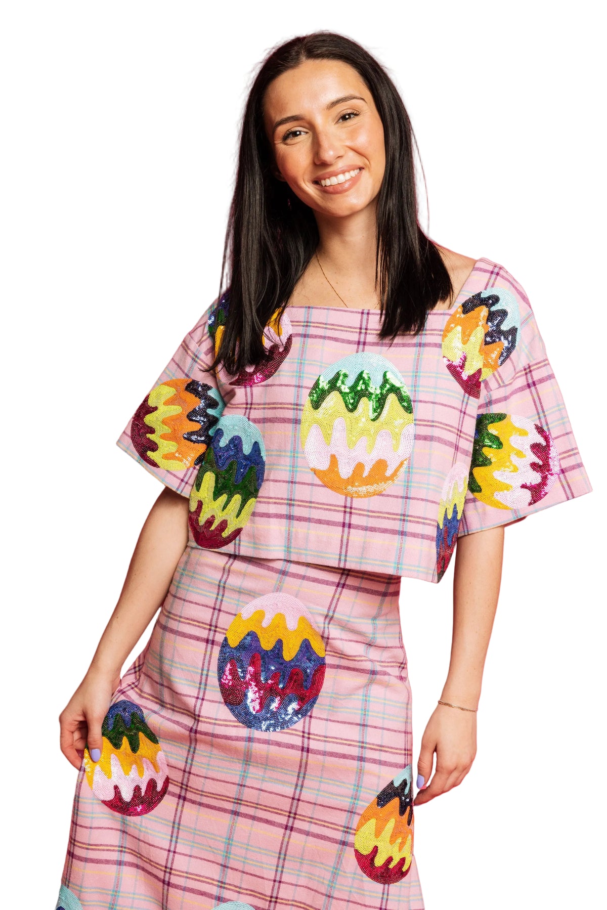 Queen of Sparkles Lavender Plaid Groovy Easter Egg Cotton Top