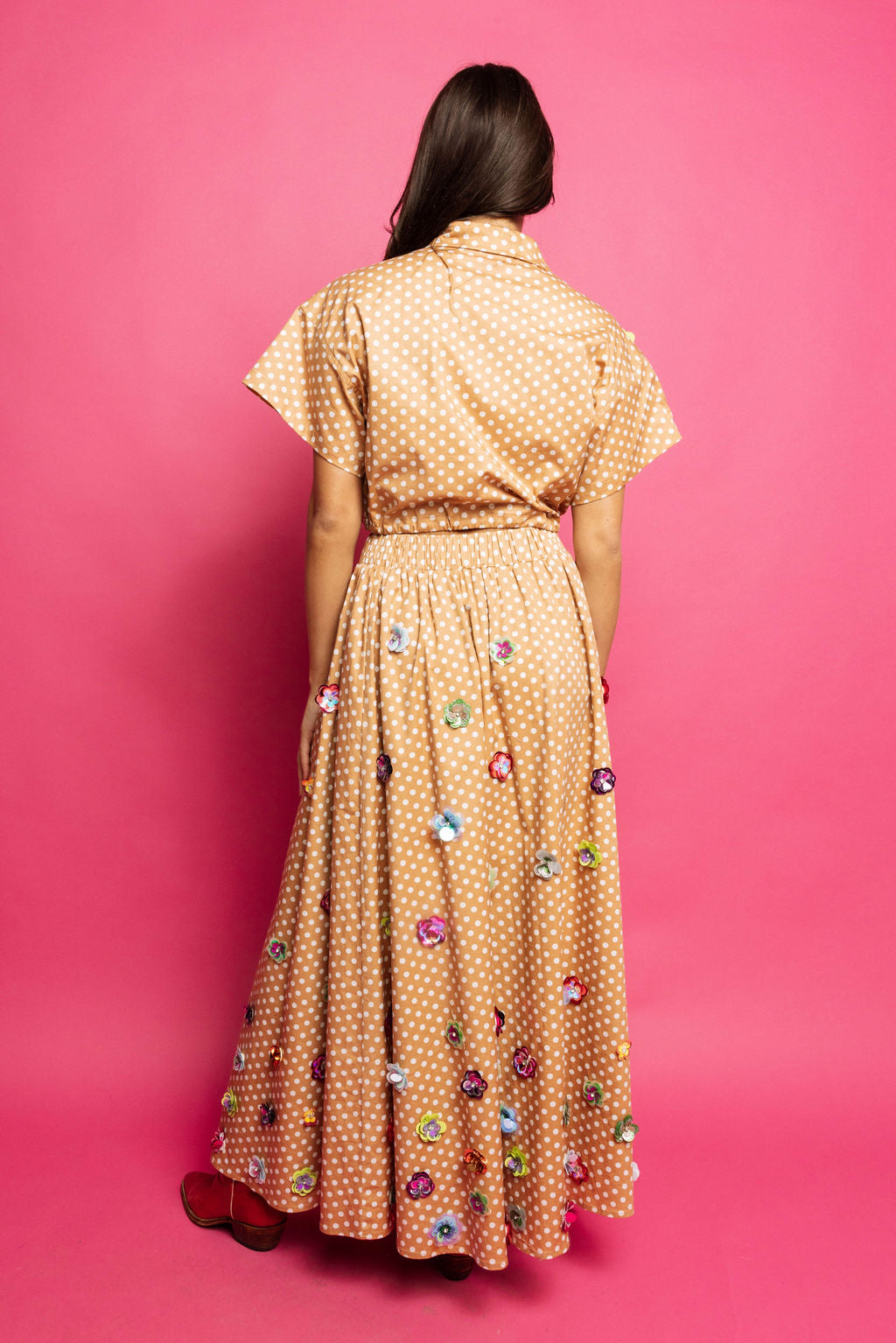 Queen of Sparkles Brown & White Polka Dot Sequin Flower Cotton Maxi Skirt