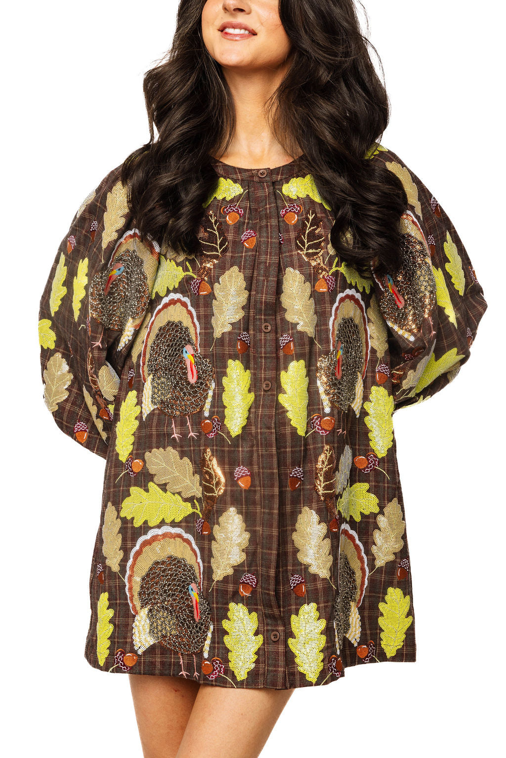 Queen of Sparkles Brown Plaid Turkey & Leaves Button Up Long Sleeve Dress