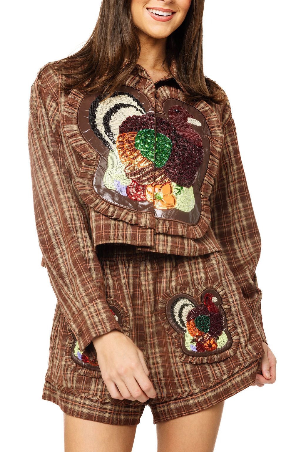 Queen of Sparkles Plaid Turkey Ruffle Patch Pocket Short