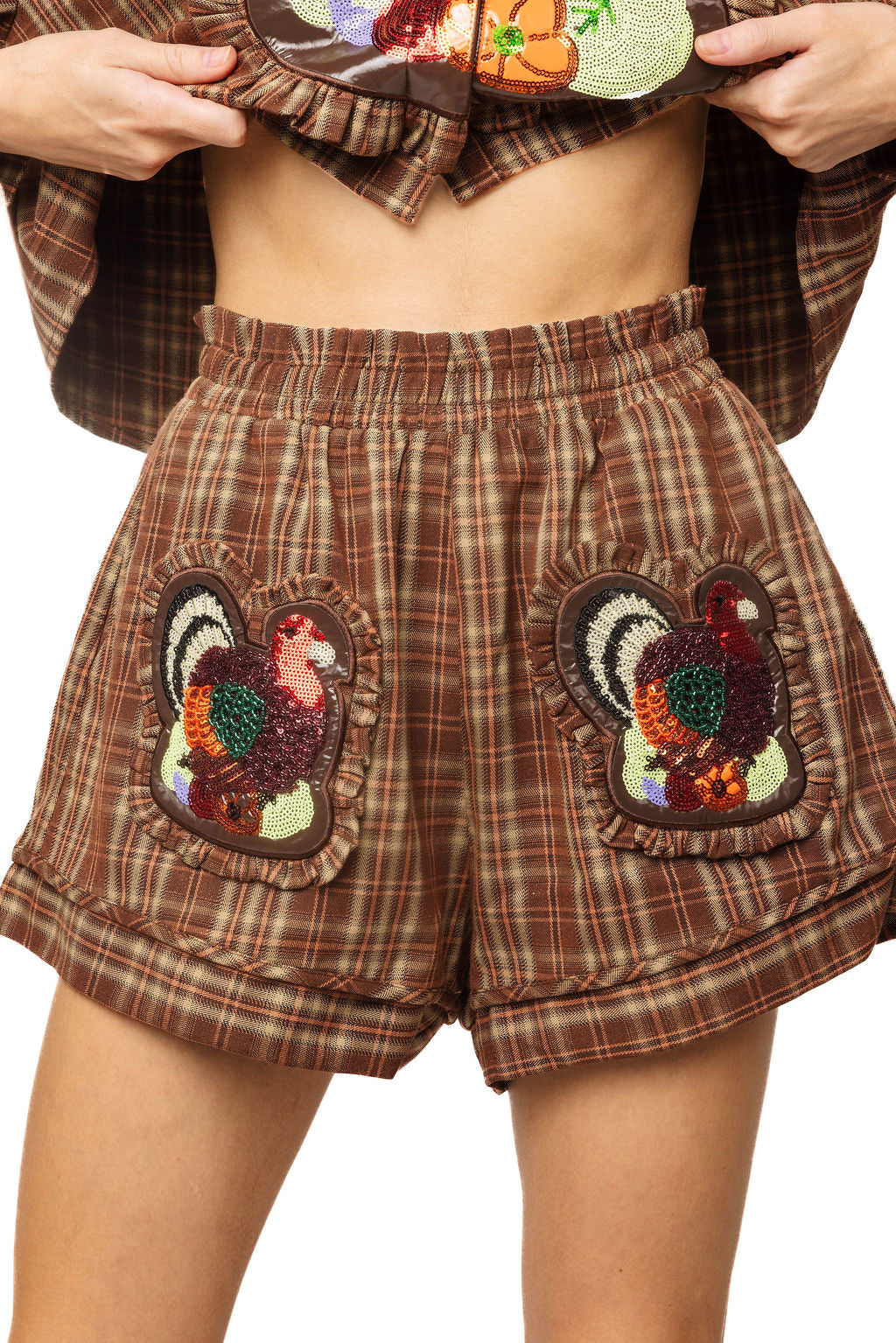 Queen of Sparkles Plaid Turkey Ruffle Patch Pocket Short