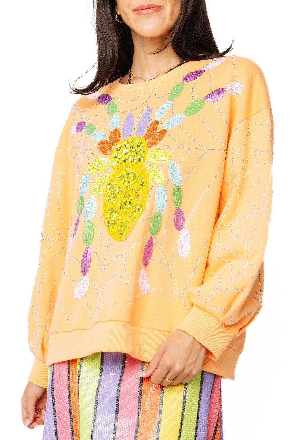 Queen of Sparkles Light Orange Multi Oversized Spider On Web Sweatshirt