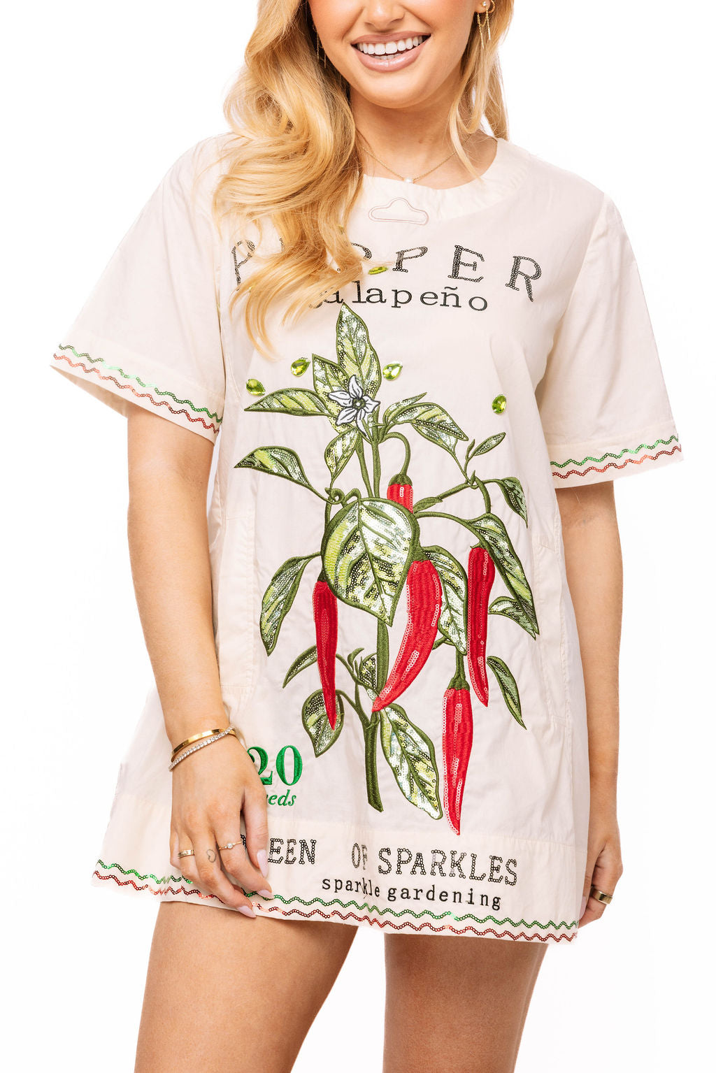 Queen of Sparkles Beige Jalapeno Seed Cotton Short Sleeve Dress
