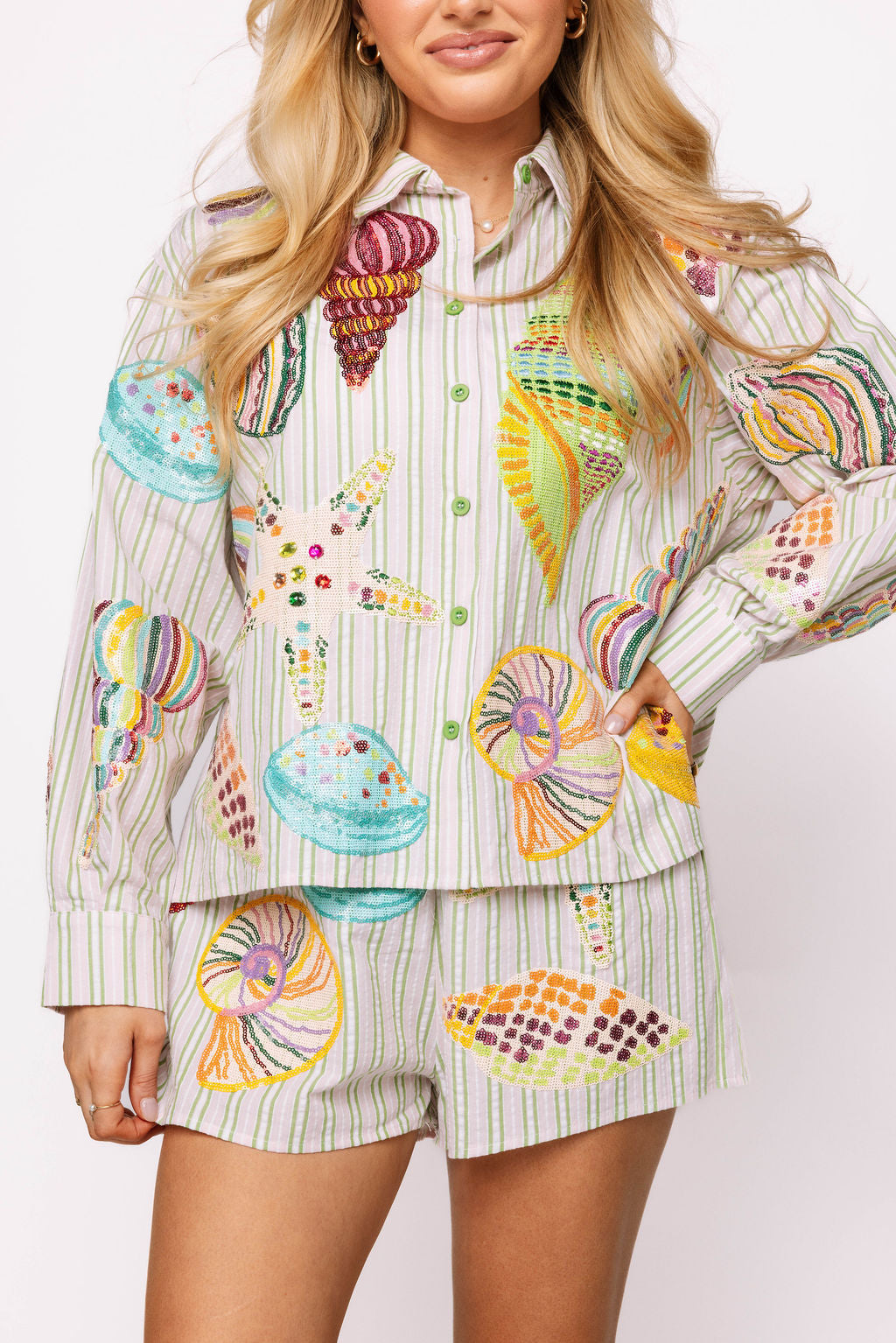 Queen of Sparkles Stripe Button Up Multi Shell Long Sleeve Top