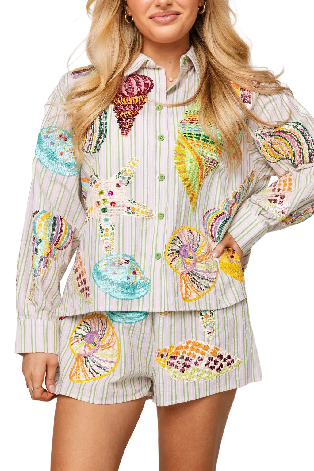 Queen of Sparkles Stripe Button Up Multi Shell Long Sleeve Top