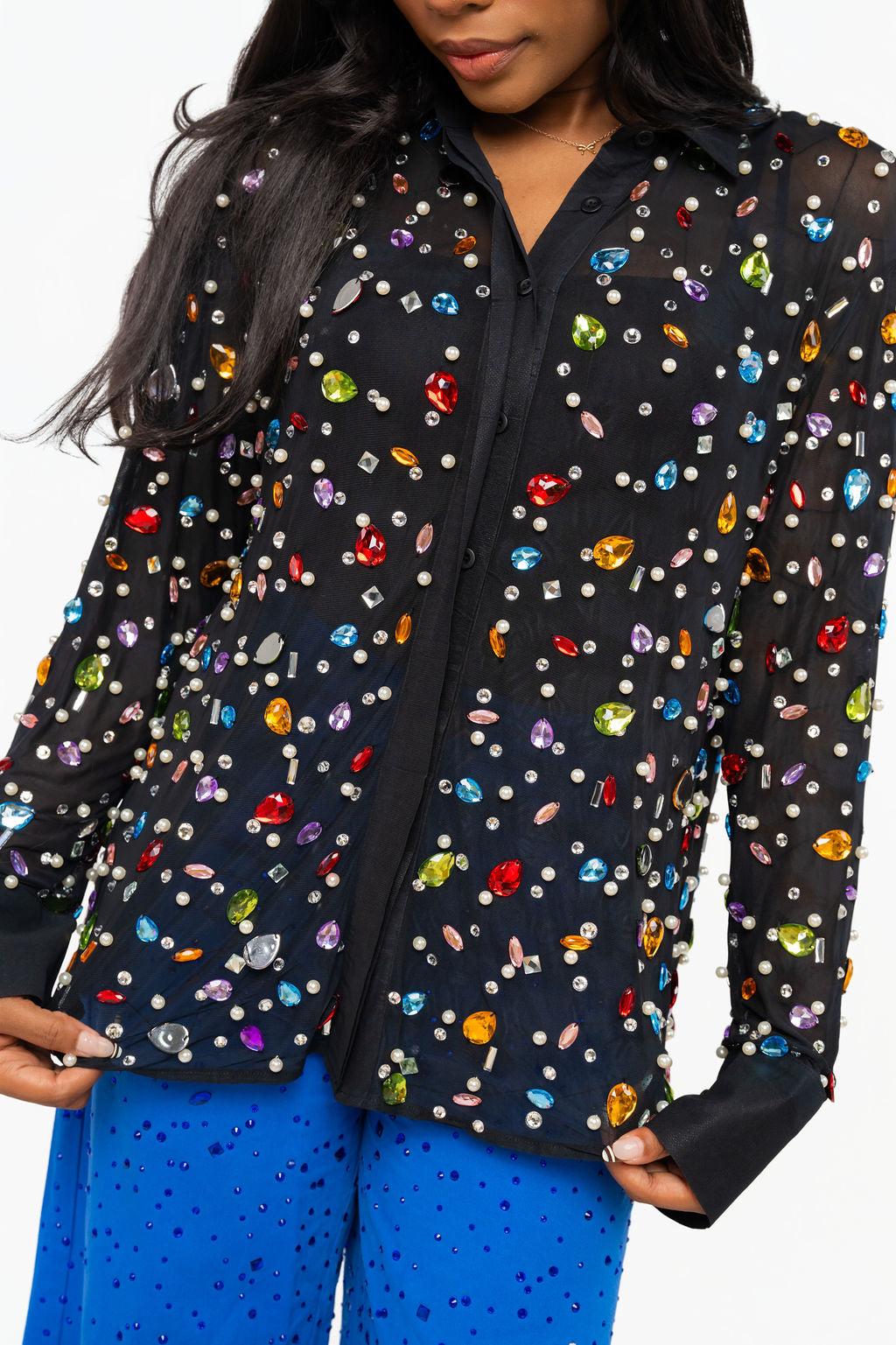 Queen of Sparkles black button-up top with multicolor jewels and pearl embellishments