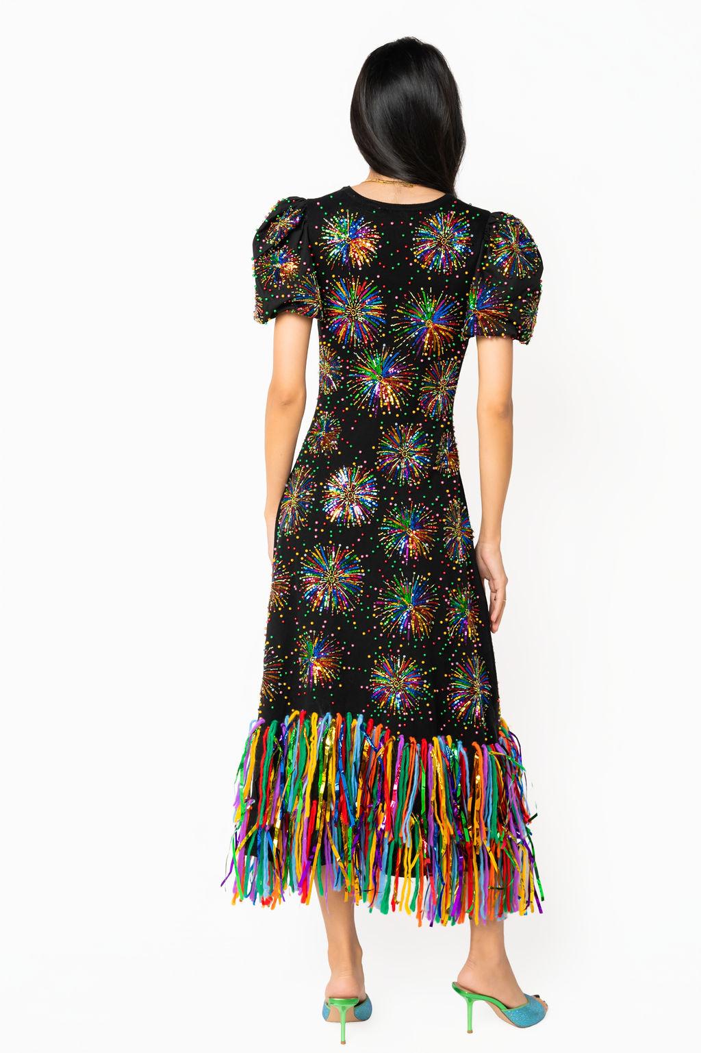 Back view of Queen of Sparkles black multi firework fringe knit midi dress