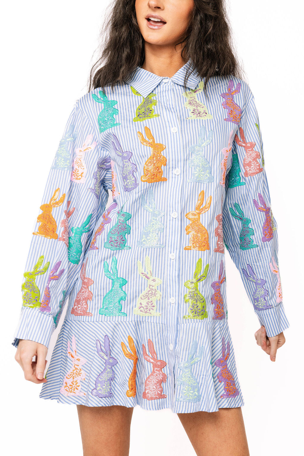 Queen of Sparkles Blue & White Striped Multi Easter Bunny Cotton Dress - Leopard Grove product image 02