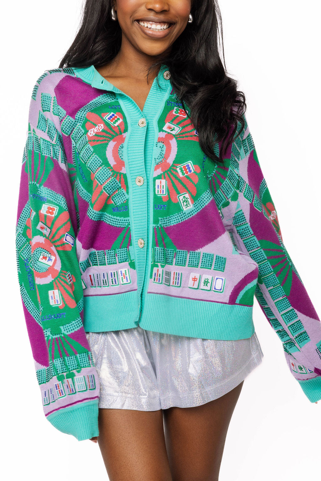 Queen of Sparkles Multi Mahjong Button Up Cardigan - colorful sequin cardigan product image 02
