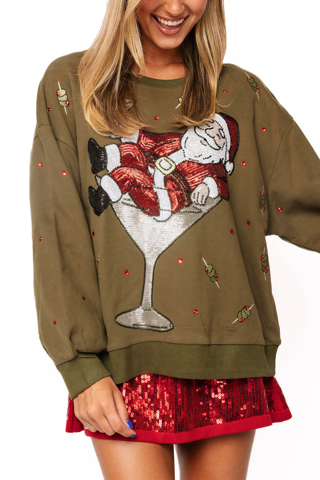 Front view of Queen of Sparkles olive green sweatshirt with sequined Santa in a martini glass and red rhinestone accents