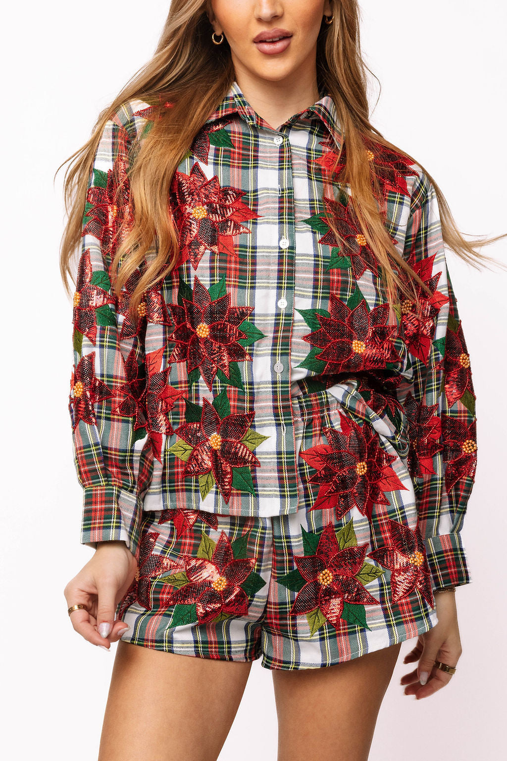Queen of Sparkles red green and white plaid poinsettia cotton button up top product image.