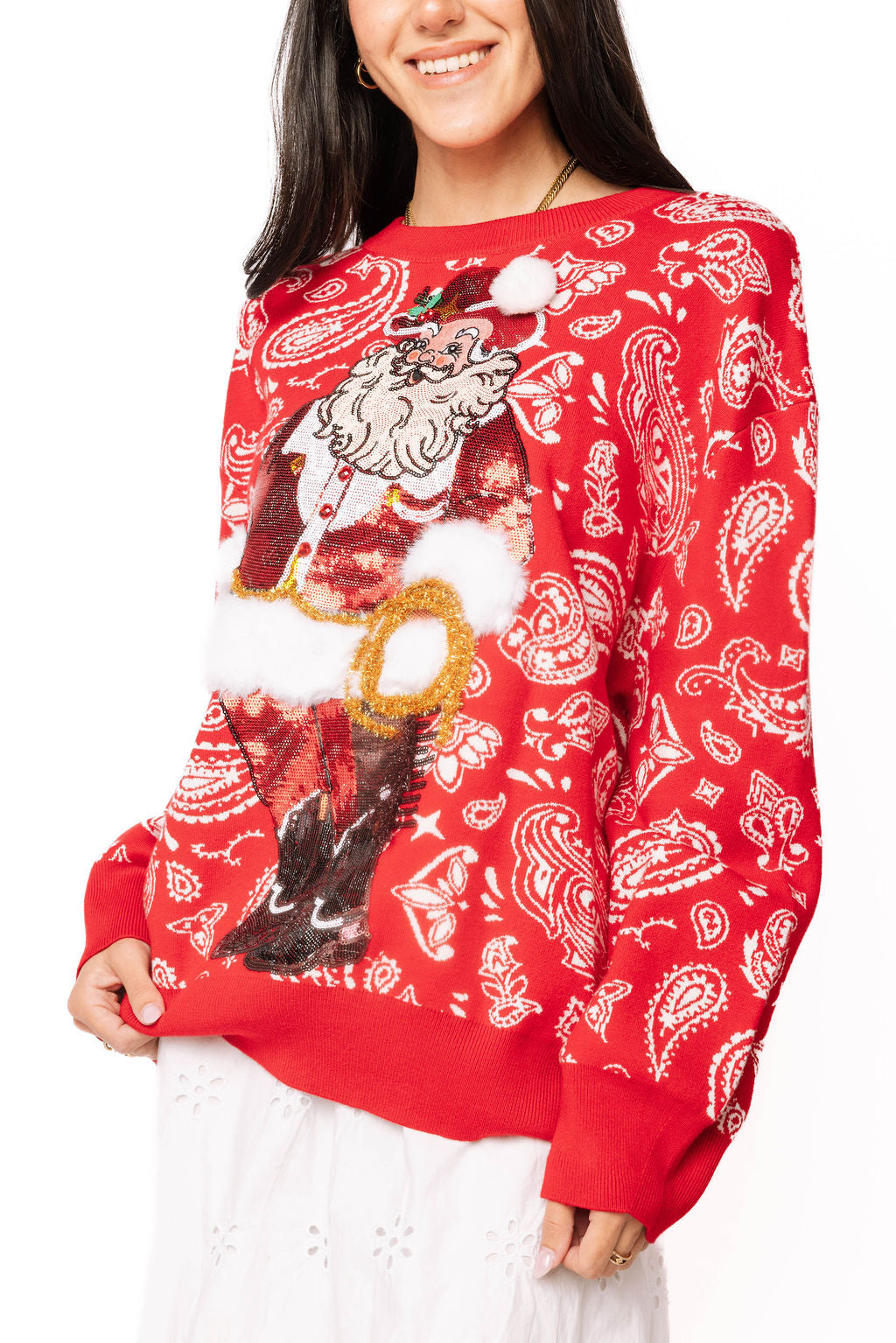 Queen of Sparkles Red & White Paisley Print Cowboy Santa front view