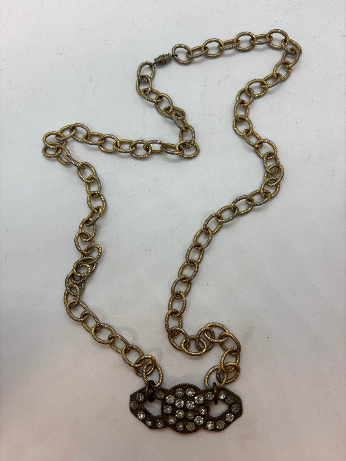 One-of-a-kind gold-tone textured necklace vintage rhinestone brooch