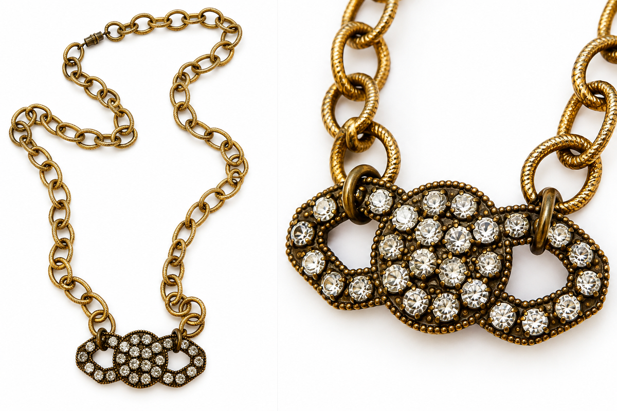 One-of-a-kind gold tone textured chain necklace with repurposed vintage rhinestone brooch centerpiece