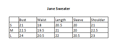 Jade by Jane sweater size guide listing bust, waist, length, sleeve and shoulder measurements for S, M and L