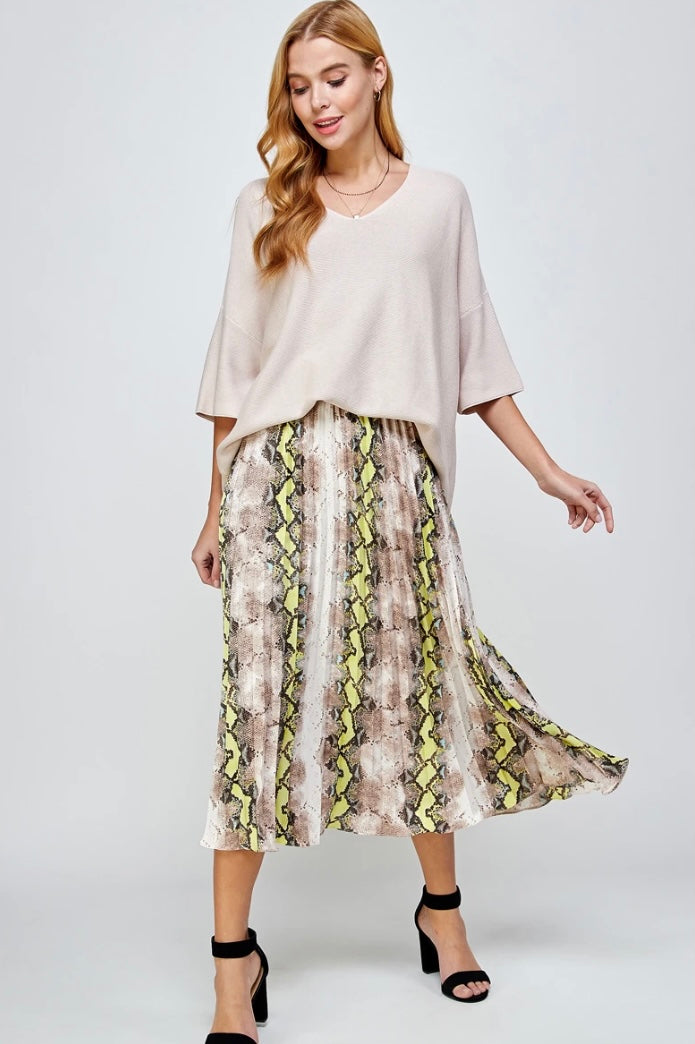 Animal Print Pleats Midi Skirt - Neon Yellow/Green