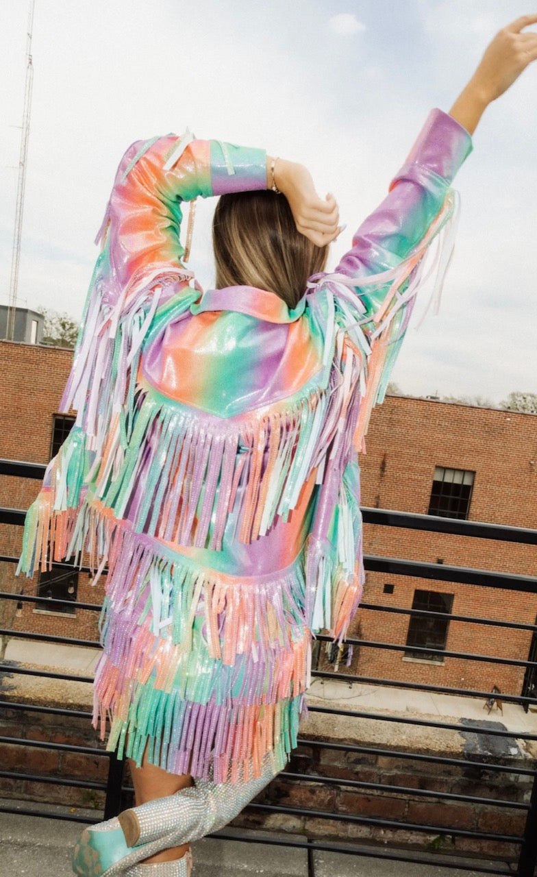 Queen of Sparkles Rainbow Leather Fringe Jacket