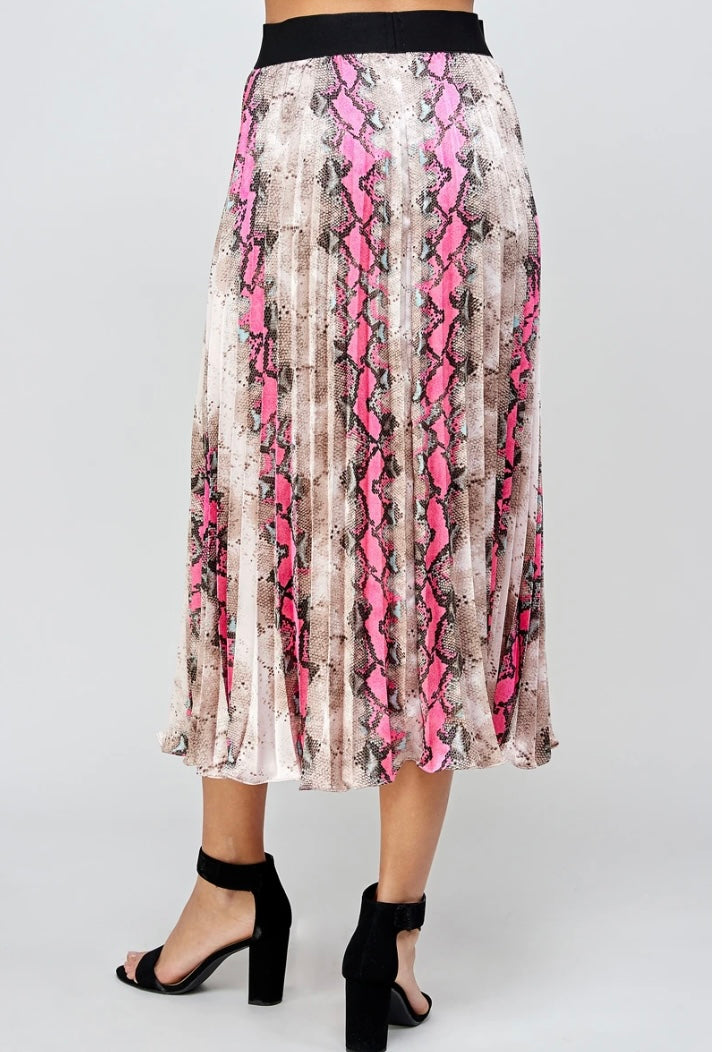 Animal Print Pleats Midi Skirt - Hot Pink